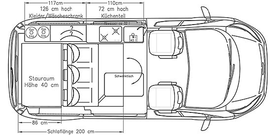 Klick öffnet Großansicht Grundriss Reimo TrioStyle auf Ford Transit Custom 2014