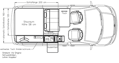 Grundriss des Reimo Bike & Surf auf VW T5 kurzer Radstand - Klick öffnet Großansicht Grundriss des Reimo Bike & Surf auf VW T5 kurzer Radstand
