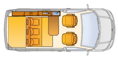Grundriss des Reimo CityVan auf Volkswagen Transporter 5 kurzer Radstand - Klick öffnet Großansicht Grundriss des Reimo CityVan auf Volkswagen Transporter 5 kurzer Radstand