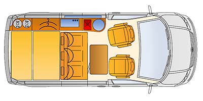 Grundriss des Reimo FreeVan auf Volkswagen Transporter 5 kurzer Radstand - Klick öffnet Großansicht Grundriss des Reimo FreeVan auf Volkswagen Transporter 5 kurzer Radstand