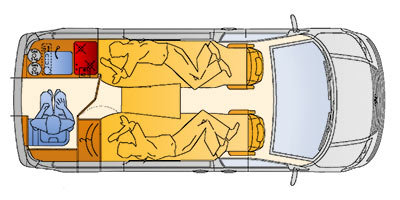 Grundriss des Reimo MultiStyle auf Volkswagen Transporter 5 kurzer Radstand - Klick öffnet Großansicht Grundriss des Reimo MultiStyle auf VW T5 kurzer Radstand