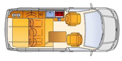 Grundriss des Reimo SportCamper auf Volkswagen Transporter 5 kurzer Radstand - Klick öffnet Großansicht Grundriss des Reimo SportCamper auf Volkswagen Transporter 5 kurzer Radstand
