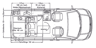 Grundriss des Reimo TravelStyle auf Volkswagen Transporter 5 kurzer Radstand - Klick öffnet Großansicht Grundriss des Reimo TravelStyle auf Volkswagen Transporter 5 kurzer Radstand
