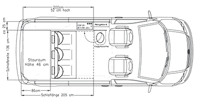 Grundriss des Reimo Weekender Plus auf Volkswagen Transporter 5 kurzer Radstand - Klick öffnet Großansicht Grundriss des Reimo Weekender Plus auf Volkswagen Transporter 5 kurzer Radstand