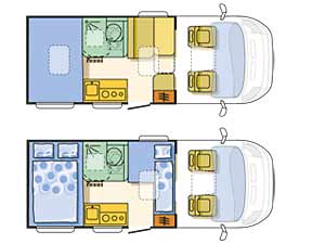 Adria Compact SP: Grundriss in Tag- und Nachtstellung - Klick aufs Bild öffnet Großansicht Adria Compact SP: Grundriss in Tag- und Nachtstellung