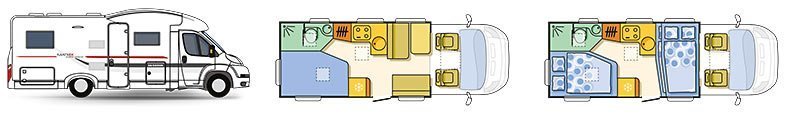 Grundriss in Tag- und Nachtstellung Grundriss des Matrix Axess 650 SF Wohnmobils im Tag- und Nachtstellung